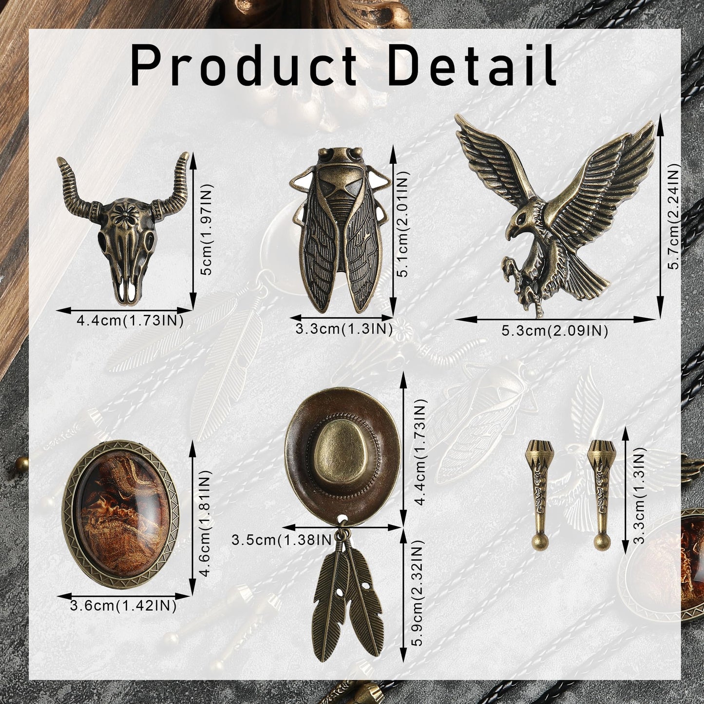 Wrlcorly 5Pcs Bolo Tie for Men Western Cowboy Leather Necktie Handmade Tiger Eye Cicada Turquoise Cow Skull Flower Eagle Halloween Costume Accessories