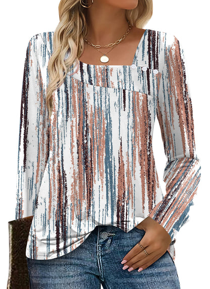 OFEEFAN Long Sleeve Shirts for Women Fall Clothes Asymmetric Square Neck Tunic Tops Decorative Buttons