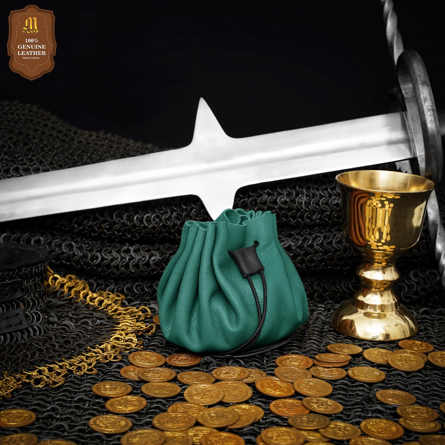 Mythrojan medieval leather pouch renaissance drawstring belt bag for larp, viking, cosplay, coin & jewelry waist purse- green, 4.9"x3.5"