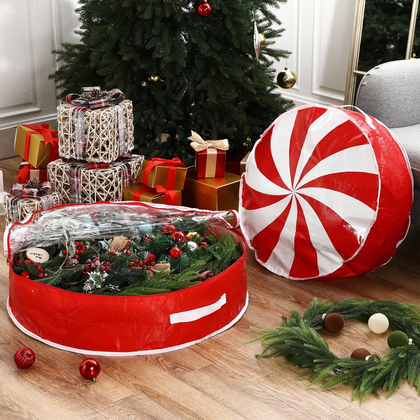 Yoojahow 4 Pcs 24 Inch Christmas Wreath Storage Bag Candy Cane Wreath Storage Container Clear Window Dual Zipper Handle Red White Peppermint Garland Organizer for Holiday Decoration, Cute Lollipop