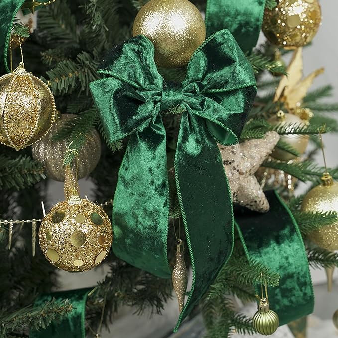 MEEDEE Green Velvet Wired Ribbon 2.5 inch Crushed Velvet Christmas Ribbon 10 Yards for Christmas Tree Decoration, Wreath Supplies, Crafts Bow, Gift Wrapping, Wedding Decor and Accents