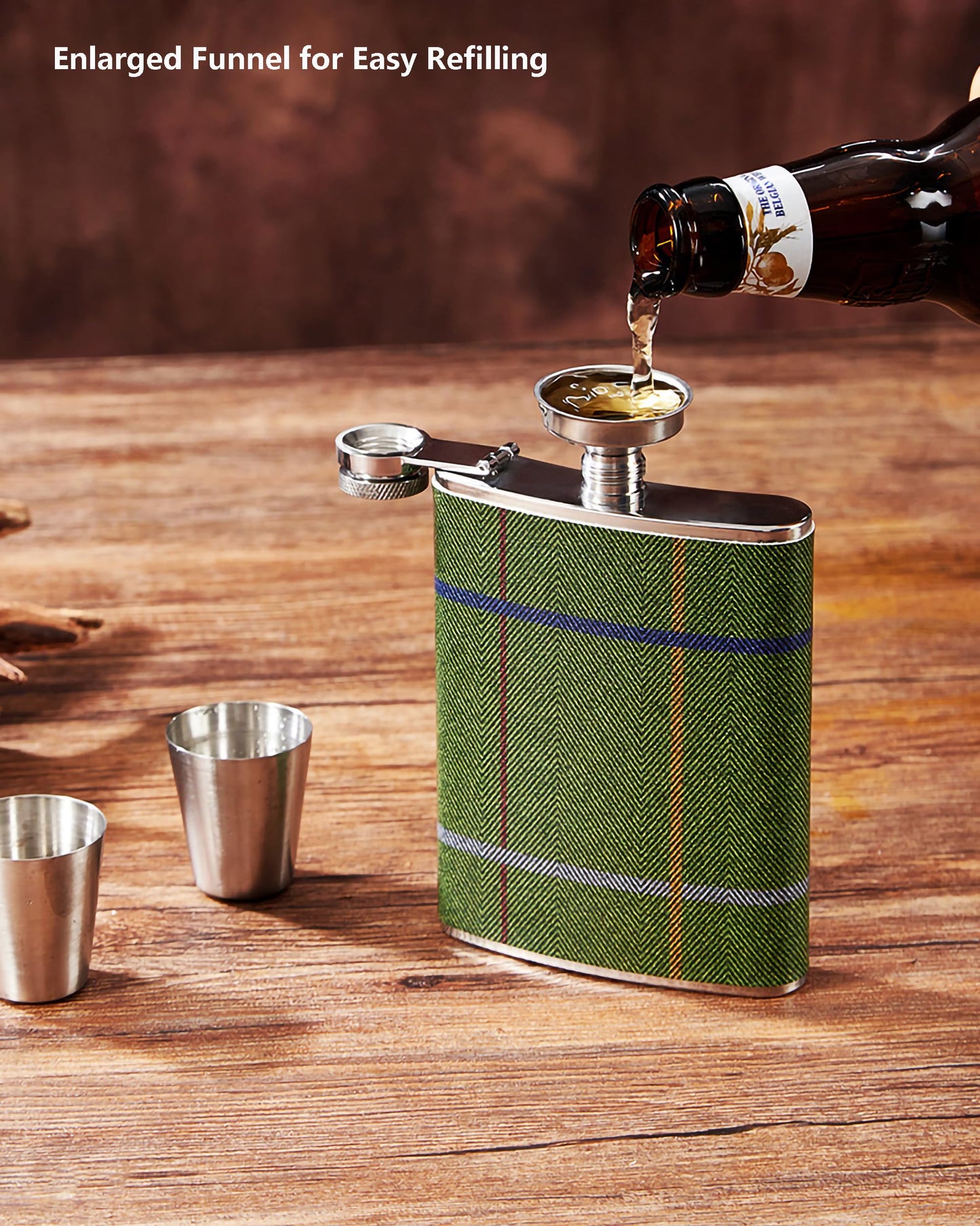 Luxury 8 Ounce Stainless Steel Hip Flask Gift Set with 2 Shot Glasses and Funnel Leather-Printed Cover (Denim Fabric Pattern)