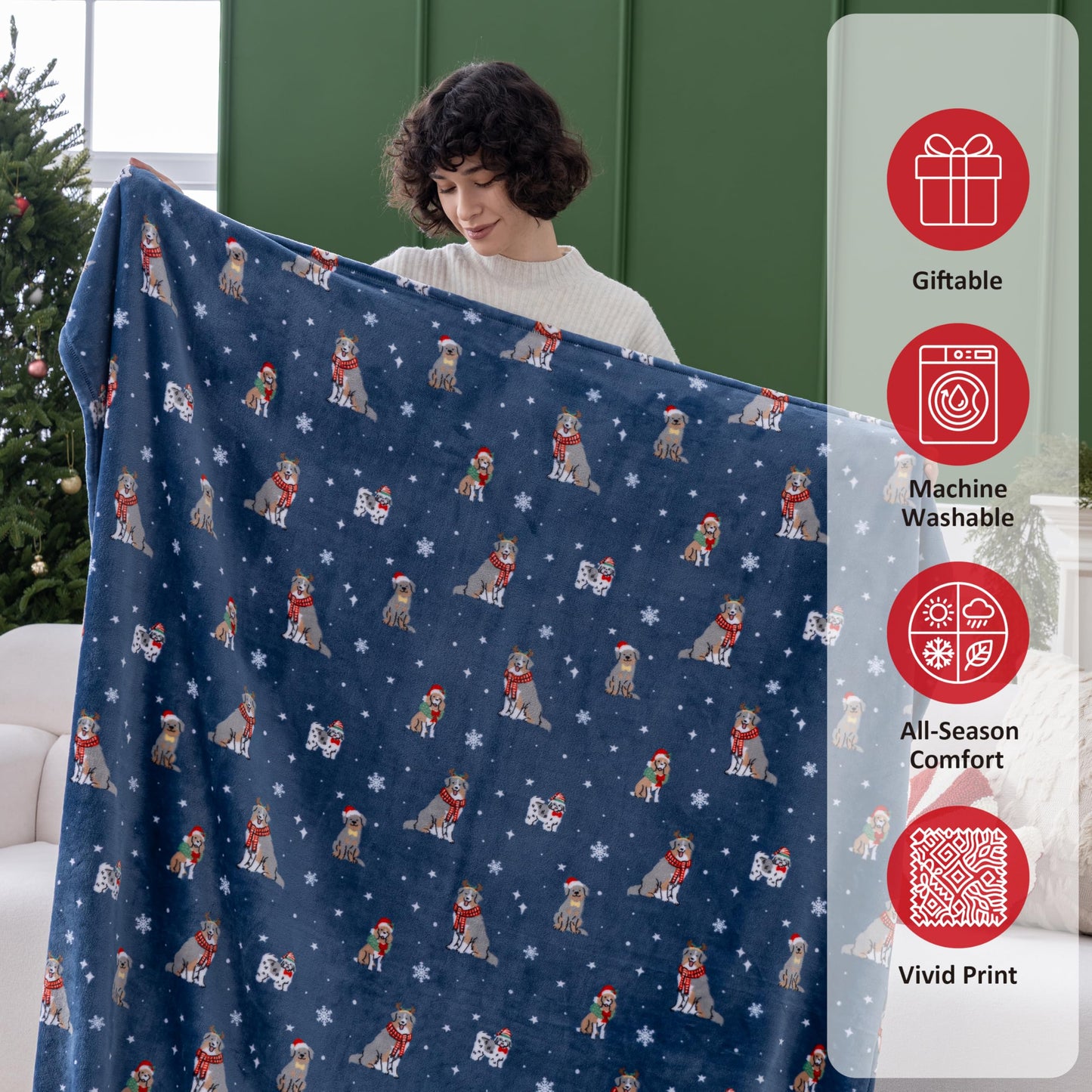 Sushing Christmas Printed Fleece Throw, Soft Plush Warm Festive, Cozy Couch Decor, 60"× 70", Fun Dogs