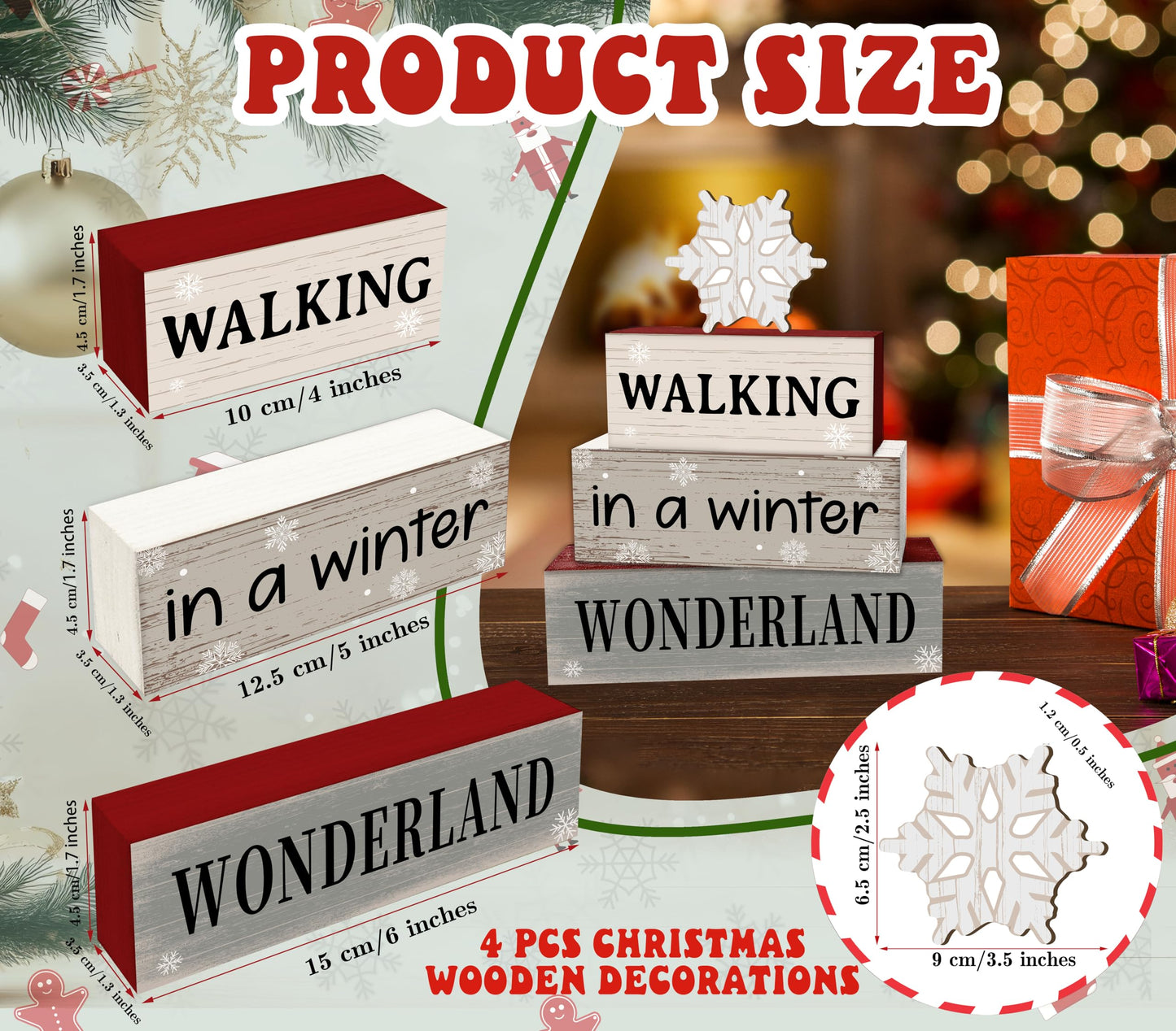 4 Pcs Snowflake Christmas Decor, Snowflakes Table Decorations, Christmas Tiered Tray Desk Decor Gifts, Winter Wonderland Wooden Xmas Stack Block Signs Table Centerpiece for Farmhouse Office -B13