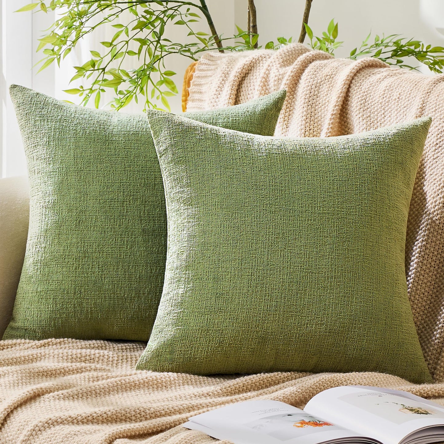 GAWAMAY Set of 2 Soft Textured Chenille Throw Pillow Covers 18x18 Inch (45x45 CM), Decorative Pillowcases Cushion Covers for Farmhouse Home Decor, Couch Living Room Sofa Bedroom Chair, Sage Green