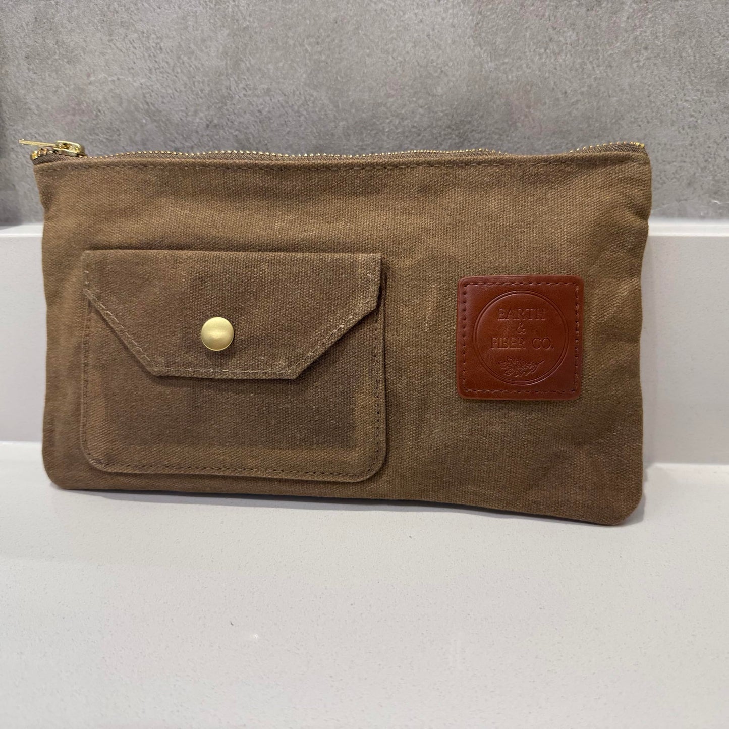 Earth & Fiber Co. Waxed Canvas Toiletry Bag, Compact Slim Design for Traveling, Brown