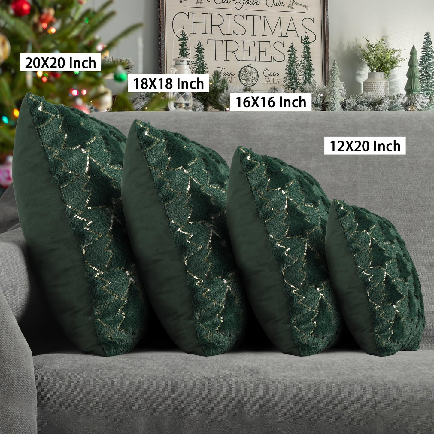 4TH Emotion Christmas Tree Decorative Pillow Covers 18x18 Set of 2, Green Soft Plush Faux Fur Farmhouse Throw Cushion Cases for Xmas Winter Holiday Home Decorations