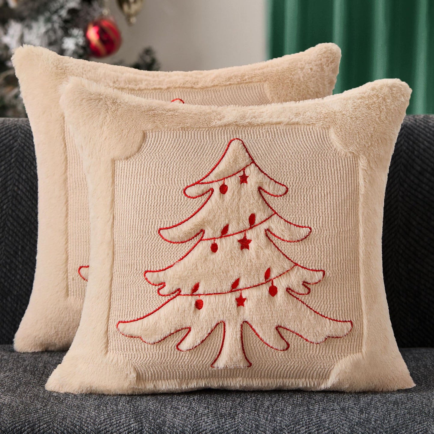 DFXSZ Christmas Pillow Covers 18x18 Red Star Light Beige Christmas Tree Decoration Soft Plush Faux Fur Jacquard Throw Pillows for Bedroom Sofa Holiday Festivals Winter Home Decor PTK067C18