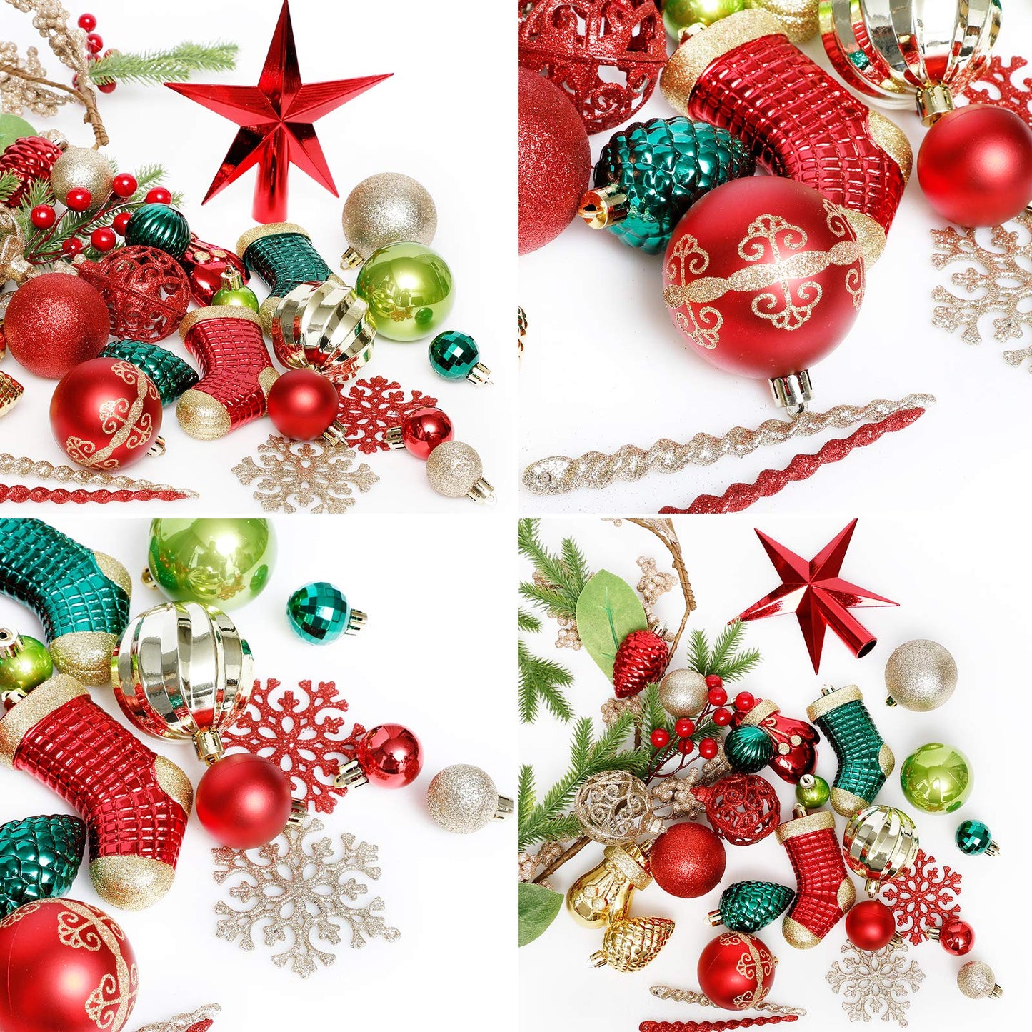 ROSELEAF 132pcs Christmas Tree Decoration Set - Red, Green & Gold Shatterproof Hanging Ornaments - Folk Art Style - Christmas, Wedding, Anniversary