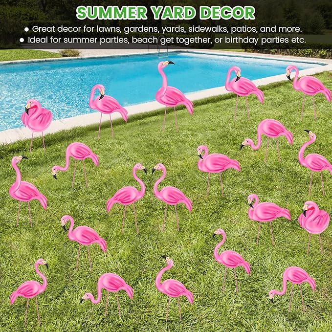 20 PCS Pink Flamingo Yard Signs with 40 Stakes Summer Beach Flamingo Lawn Sign 10 Styles Tropical Yard Lawn Patio Decorations Party Supplies(Normal)