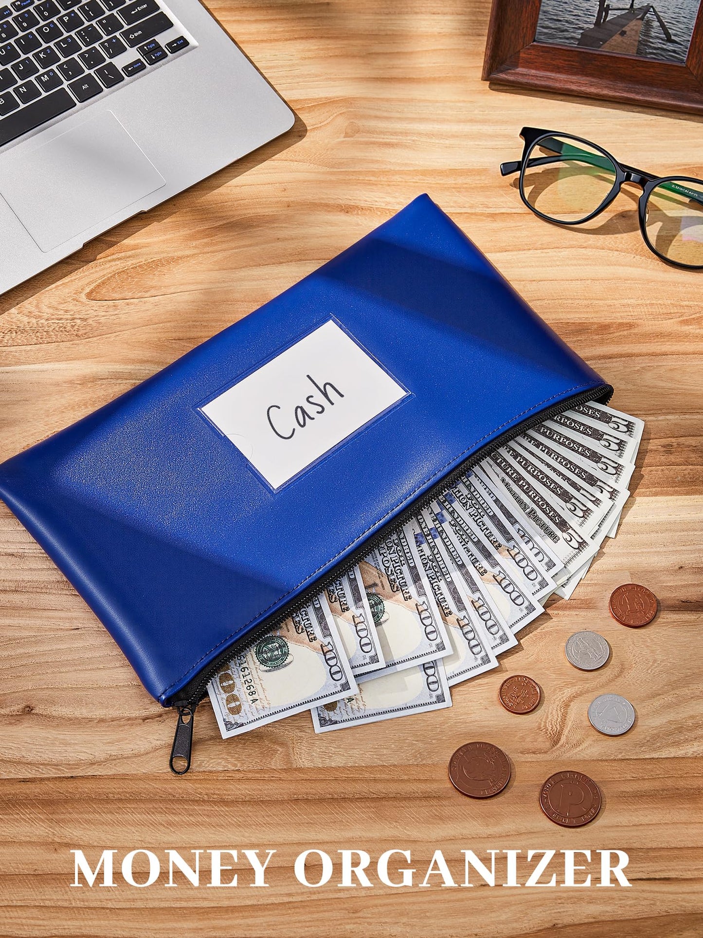 SMARTAKE Money Bags with Zipper, 4-Pack Bank Bags with Label, Waterproof Leather Money Pouches, for Cash Coin Bill Invoice Deposit Receipt Storage and Organize, 11.5 x 6.2 Inches (Blue)