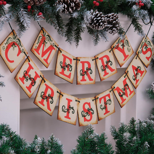 JUIIZAY Vintage Merry Christmas Banner On Distressed Wood Christmas Decorations For Mantle Fireplace Farmhouse Xmas Holiday Hanging Decor
