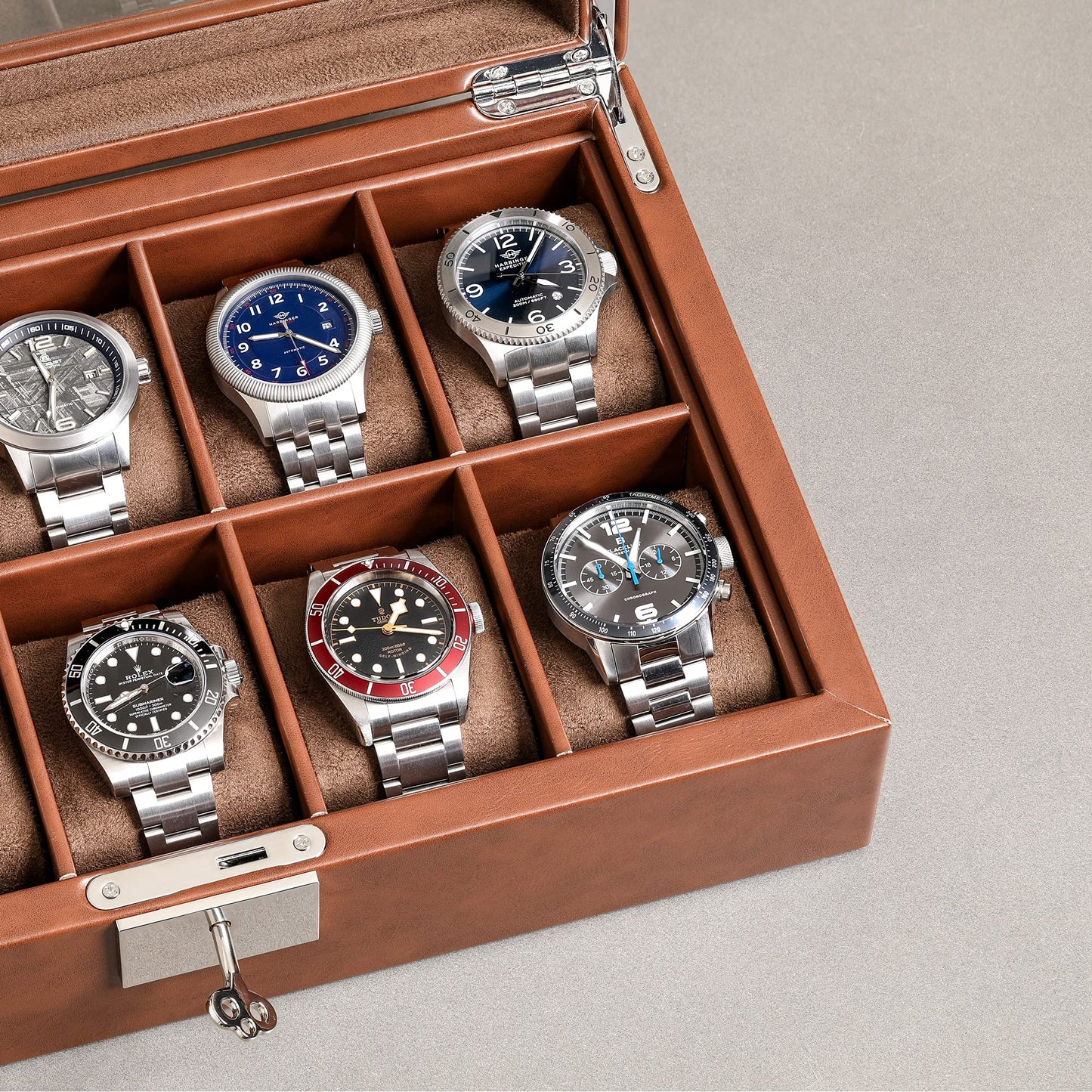 ROTHWELL 10 Slot Leather Watch Box - Luxury Case Display Jewelry Organizer - Locking Watch Display Case Holder with Large Glass Top - Box Organizer for Men and Women (Tan/Brown)