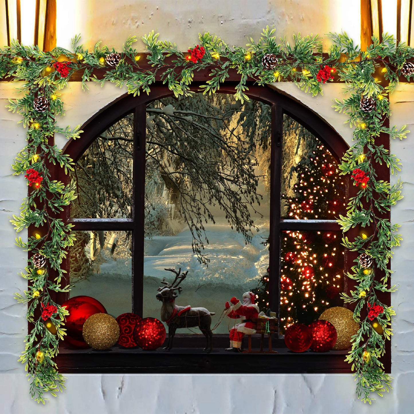 MINDELF 6 FT Artificial Christmas Garland, Faux Cypress Leaf Evergreen Garland with 20 LED Lights, Red Berries and Pinecones, Green-Yellow Leaves, Timer, Perfect for Indoor Outdoor Window Mantel