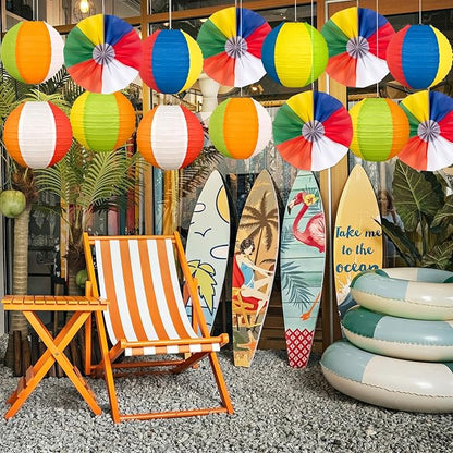 36Pcs Summer Beach Party Decorations Paper Lanterns Paper Fans - Luau Pool Hawaiian Tropical Themed Hanging Decor for Home Birthday Outdoor Indoor