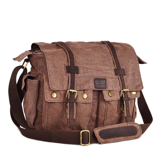 LEATHER VILLAGE Vintage Canvas Messenger Bag – 16 Inch Handmade Laptop Shoulder Bag for Men & Women – Crossbody Work Bag for Office, Travel & Daily Use - Brown