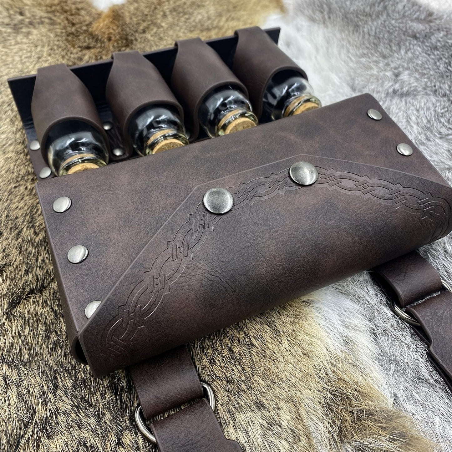 HiiFeuer Medieval Alchemy Faux Leather Belt Bag with 4 Cork Potion Vials, Fantasy Wizard Waist Pouch Side Pack for Ren Faire (Brown A)
