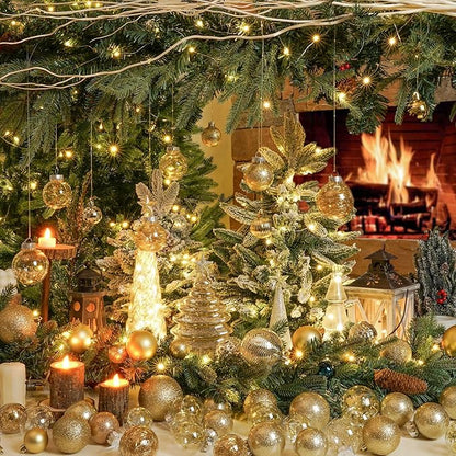 XmasExp 32ct Christmas Ball Ornaments Set -Gold Clear Plastic Shatterproof Xmas Tree Ball Decorations Hanging Baubles for Holiday Decor