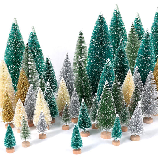 30Pcs Mini Christmas Trees Artificial Christmas Tree Bottle Brush Trees with Wooden Base for Decor Christmas Party Home Table Craft Decorations(Multicolor)