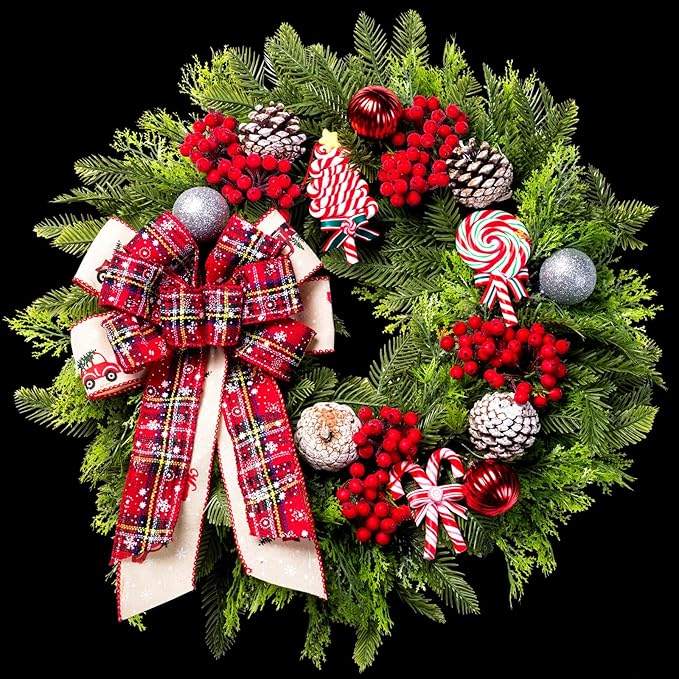 Christmas Wreaths for Front Door, 20 Inch Lighted Artificial Christmas Door Wreath with Candy Lollipops Ball Bow, Holiday Decorations for Home Decor