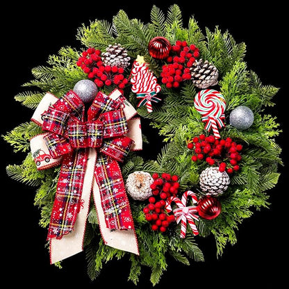 Christmas Wreaths for Front Door, 20 Inch Lighted Artificial Christmas Door Wreath with Candy Lollipops Ball Bow, Holiday Decorations for Home Decor