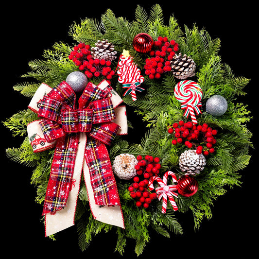 Christmas Wreaths for Front Door, 20 Inch Lighted Artificial Christmas Door Wreath with Candy Lollipops Ball Bow, Holiday Decorations for Home Decor