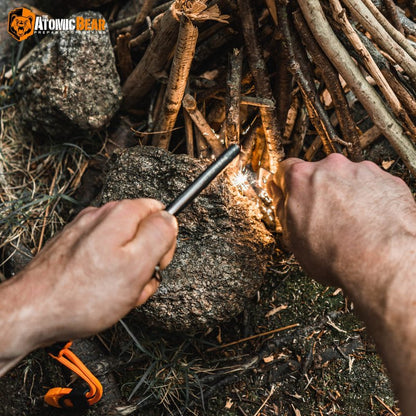 Fire Starter Survival Tool - Flint and Steel Fire Starter with Paracord, Emergency Whistle, Tinder and Waterproof Container to Start Campfires in Wilderness - Essential Hiking Gear