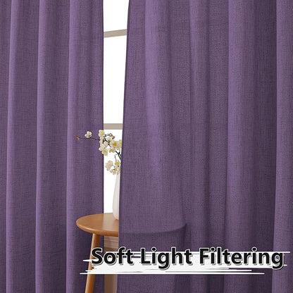Tollpiz Short Linen Curtain Living Room Rod Pocket Semi Sheer Curtains Burlap Light Filtering Thick Linen Drape for Bedroom, 54 x 45 inches Long, Royal Purple, Set of 2 Panels