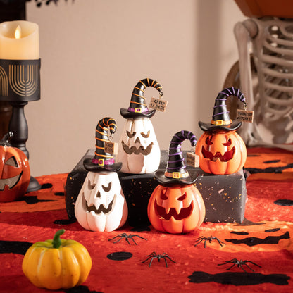 Valery Madelyn Pumpkin Halloween Decorations Indoor for Home, 2Pcs Resin Halloween Figurines with Light, White and Orange Jack o Lantern Decor with Witch Hat for Table Tiered Tray, 5.7" Tall