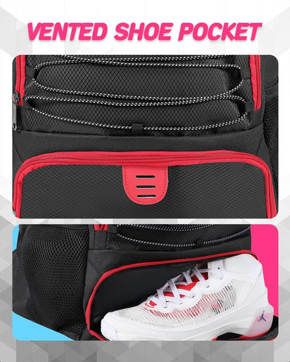 Soccer Ball Bag Backpack for Men Women with Ball & Shoes Compartment 32L Capacity Lightweight Breathable Boys Girls Basketball Bag Backpack Fit Volleyball Football Sports Travel School Gym Red Edge