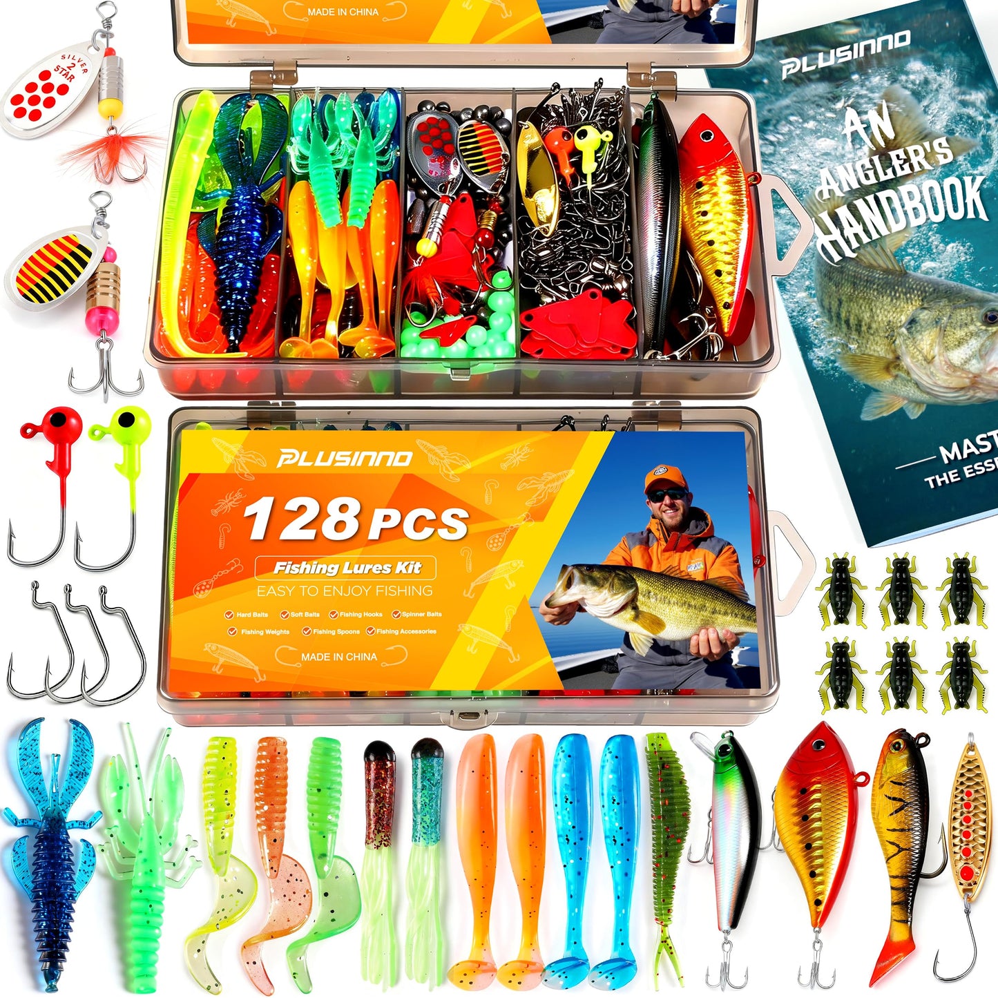 PLUSINNO Fishing Lures, 128Pcs All-in-One Fishing Tackle Box with Step-by-Step Handbook, Fishing Gear & Bait Accessories Kit for Freshwater Bass, Ideal Fishing Gifts for Men, Father & Beginners