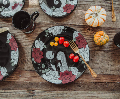 Disney The Nightmare Before Christmas Jack and Sally Roses 16-Piece Ceramic Dinnerware Set | Includes Salad Plates, Bowls, Mugs