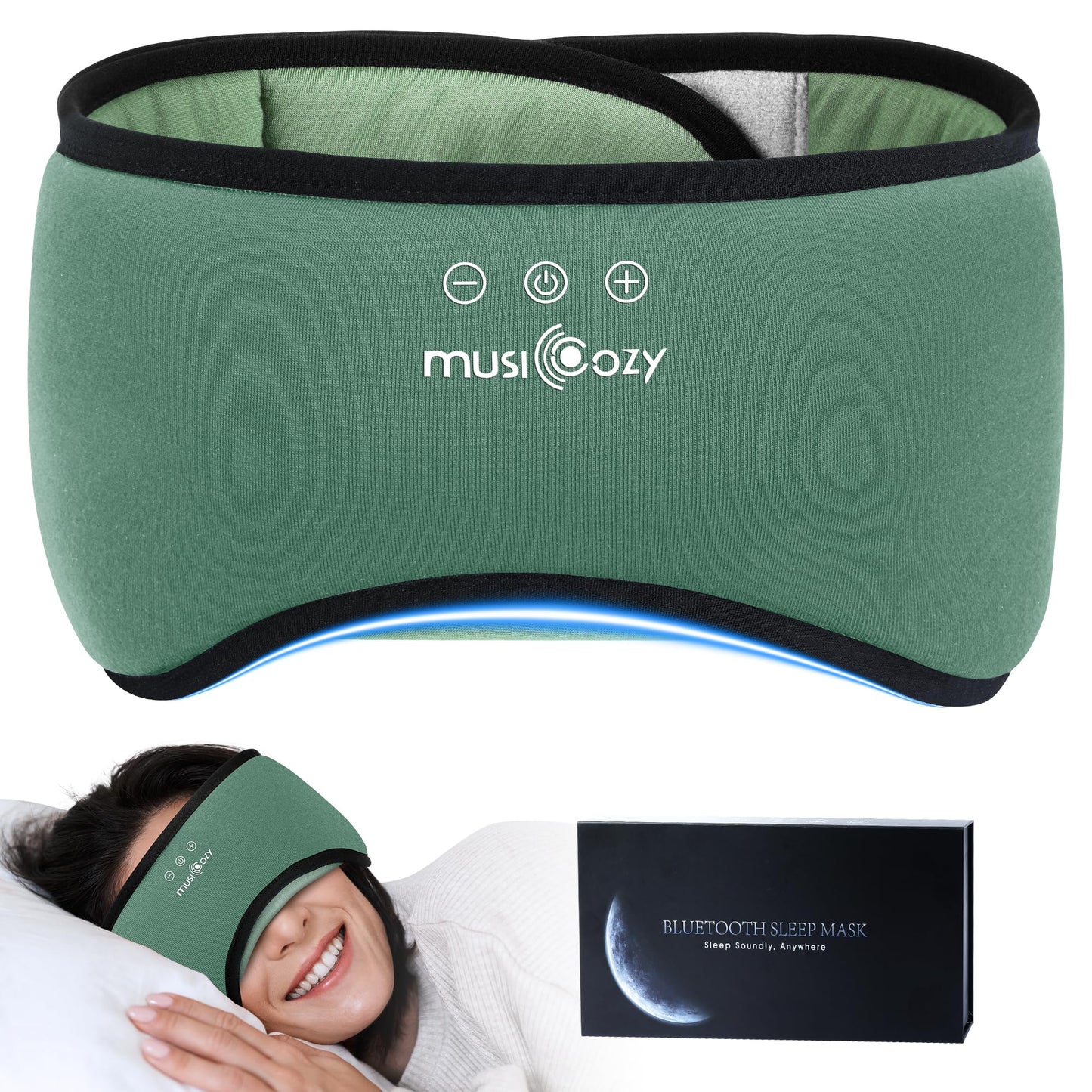 MUSICOZY Sleep Headphones Bluetooth 5.4, Bamboo Cotton Full Coverage Headphones Headband for Side Sleepers, Wireless Earphones with Speaker Sleep Music Earbuds for Men Women (Dark Green)