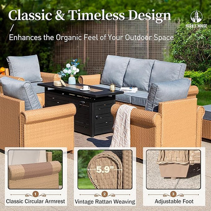HERA'S HOUSE 8-Piece Patio Furniture Set, All Weather 9 Seats Outdoor Wicker Sofa with Ottomans, Rattan Patio Conversation Set with 5.5" Cushions and 57" Fire Pit Table, Grey