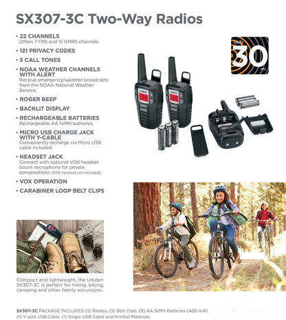 Uniden SX307-3C FRS 3-Pack, Up to 30-Mile Range, Walkie Talkies, 22-Channel FRS 2-Way Radios - Black