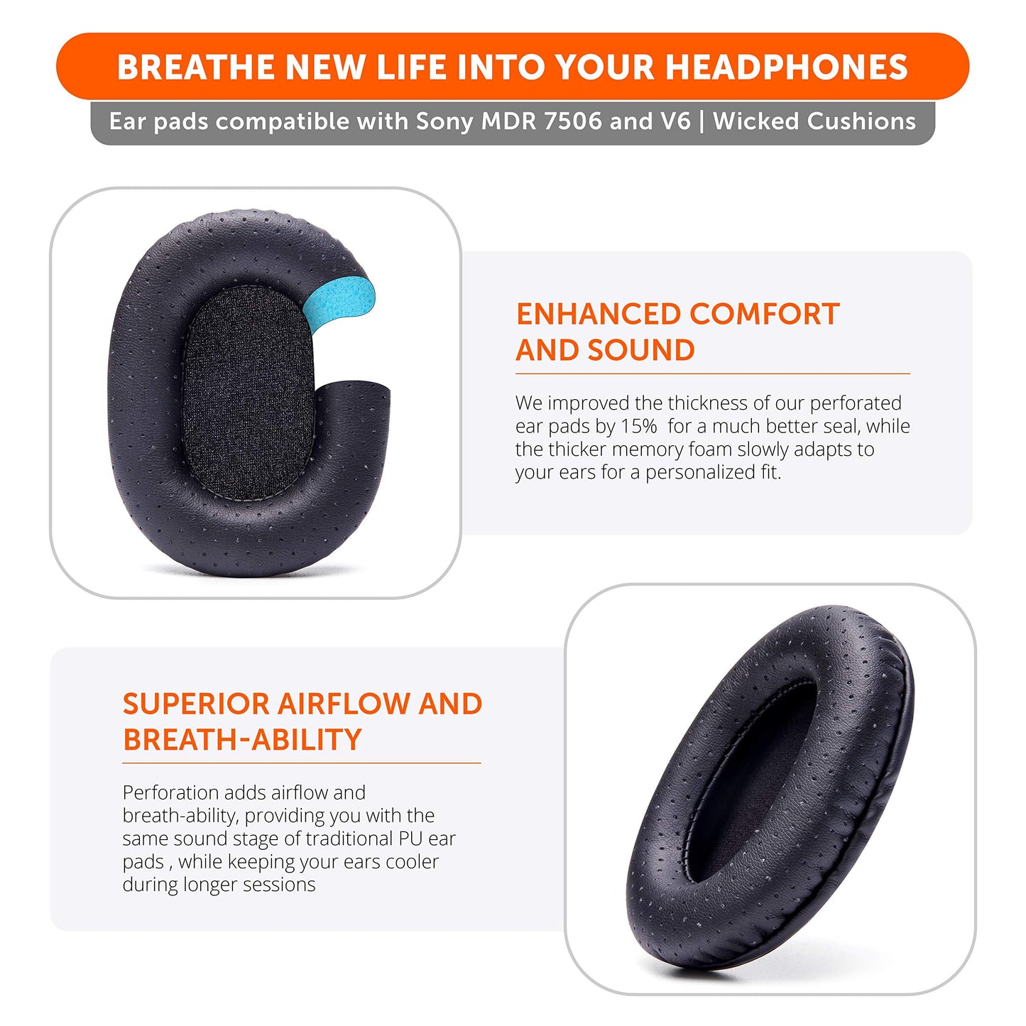 WC Wicked Cushions MDR-7506 Replacement Ear Pads - Comfortable Leather & Luxury Memory Foam | Durable & Fit MDR-7506, MDR-V6, MDR-CD900ST - Perforated Pu Leather