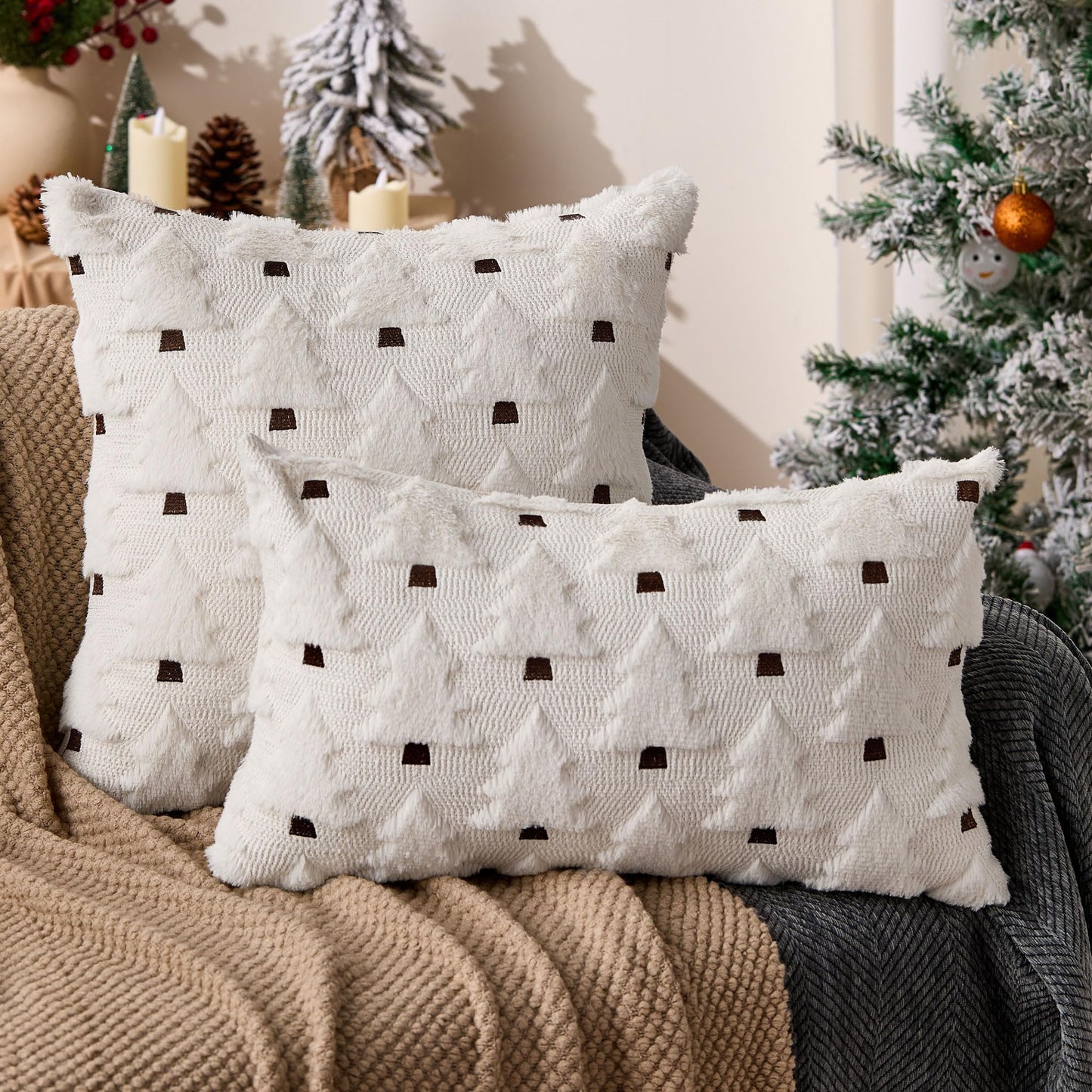 Allorry Christmas Lumbar Pillow Cover12x20 Christmas Decorations Soft Plush Faux Fur Wool Cream White Xmas Tree Throw Pillow Covers Winter Xmas Home Bedroom Sofa Decor PT-018D12