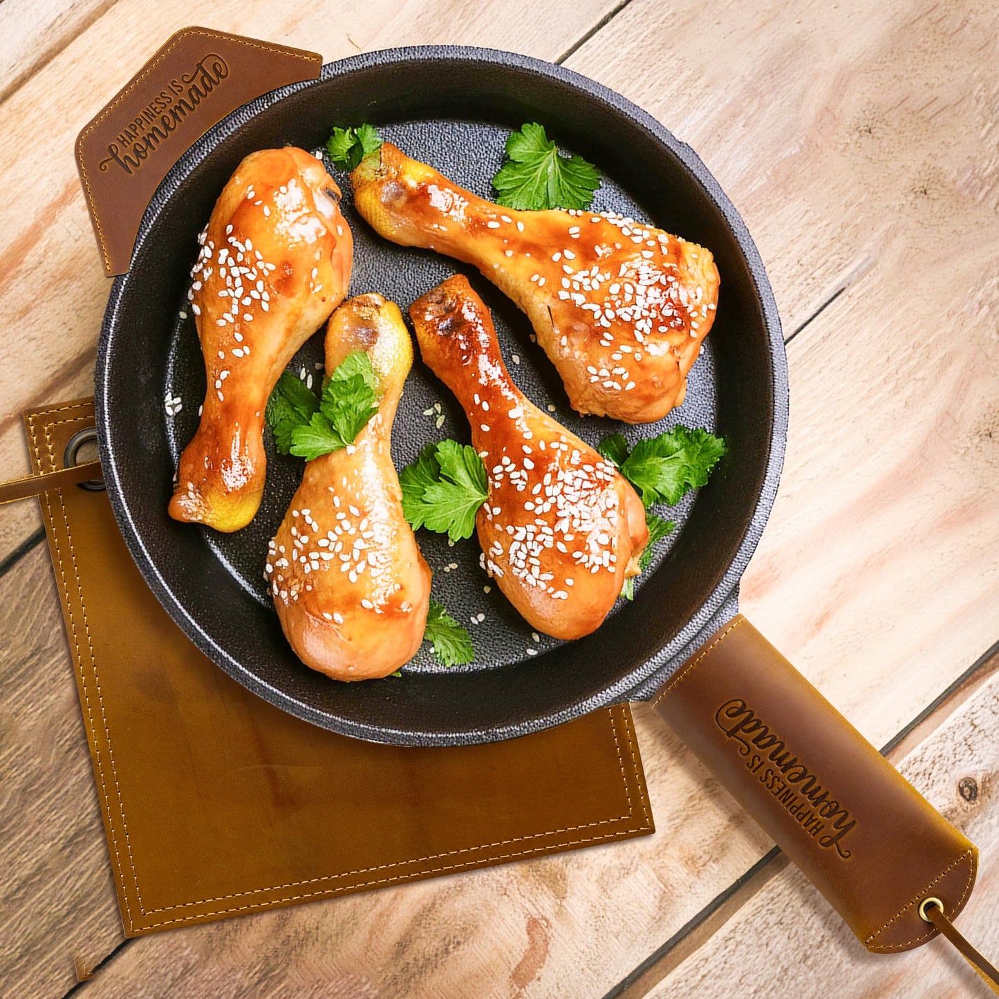 GROBRO7 3Pcs Cast Iron Skillet Hot Handles Covers Set Happiness is Homemade Panhandle Sleeve Side Grip Cover, Leather Handmade Pot Holder Heat Resistant Reusable Assist for Pan Kitchen Utensils Brown