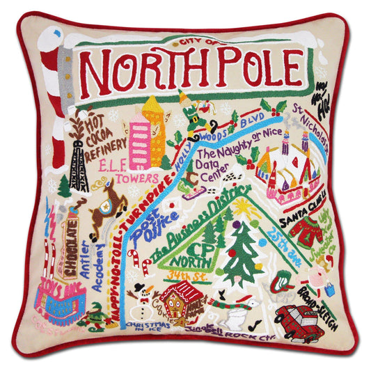 Catstudio North Pole City Hand Embroidered Pillow, Winter Holiday Decorative Throw Pillow with Original Artwork - Perfect for Christmas Decorations or Holiday Home Decor