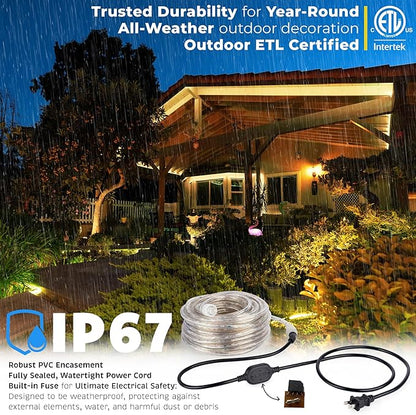 WYZworks 3312LEDs 300ft LED Outside Rope Lights, Outdoor ETL Certified Waterproof Permanent 360 Degree Light Emitting, Flexible Tube, Connectable, Christmas Palm Tree Exterior Landscape, Warm White