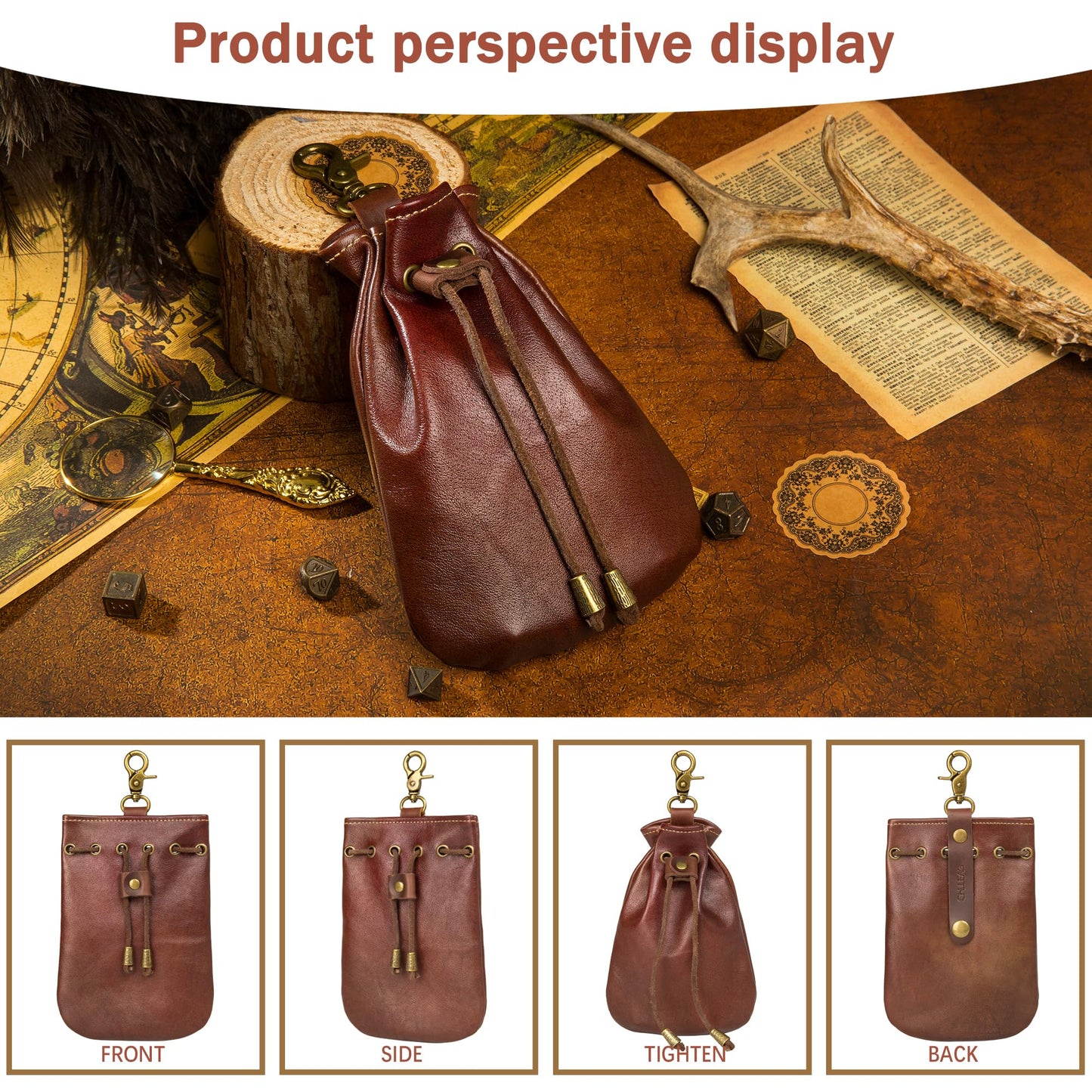 CHULEAG Vintage Medieval Drawstring Belt Pouch, FULL-GRAIN Leather, handmade, portable coin&dice purse with keychain. (Big)