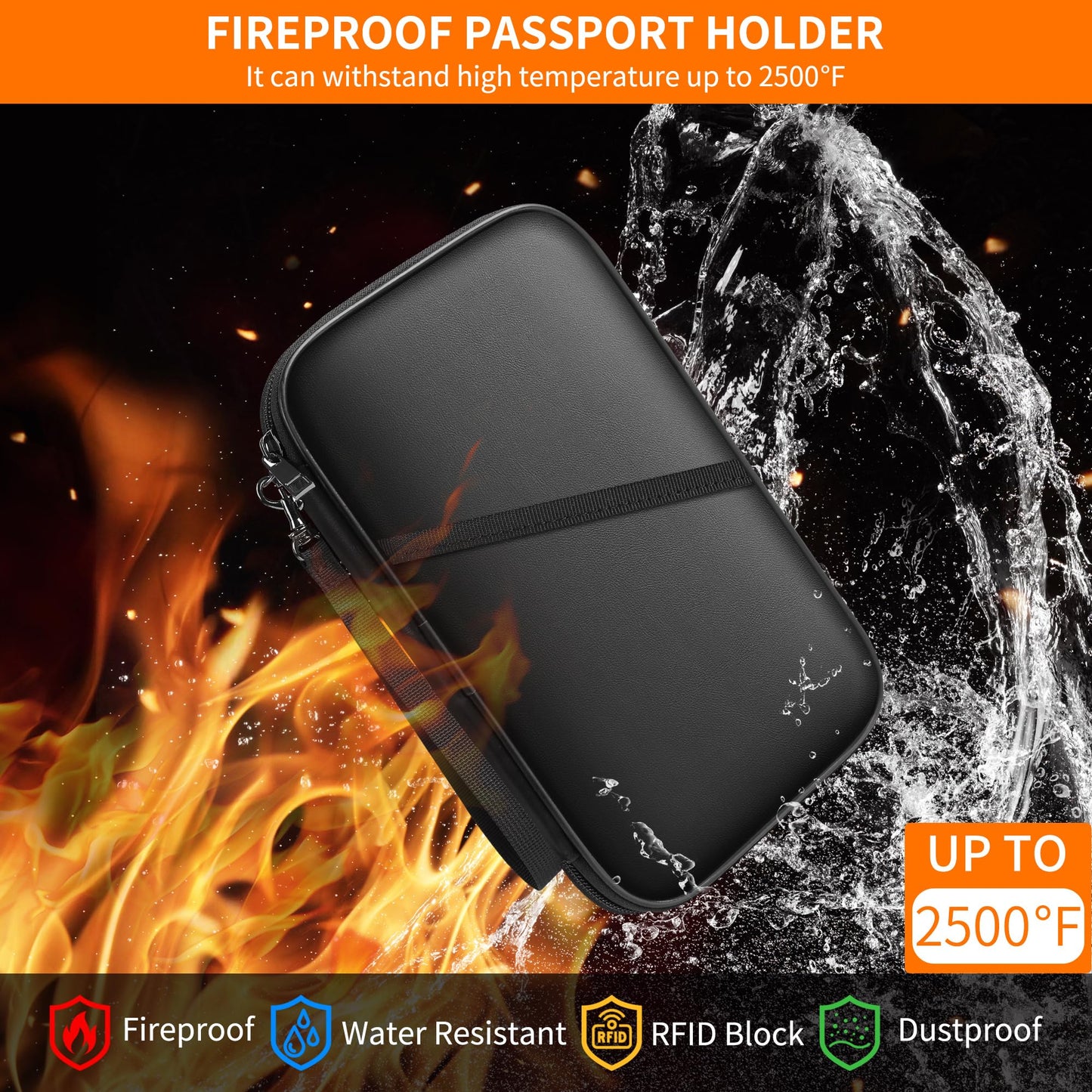 JUNDUN 2500℉ Fireproof Family Passport Holder,RFID Blocking Upgraded Material Fireproof Passport Wallet for 4,Travel Document Organizer Case with Zipper for Passport and Card