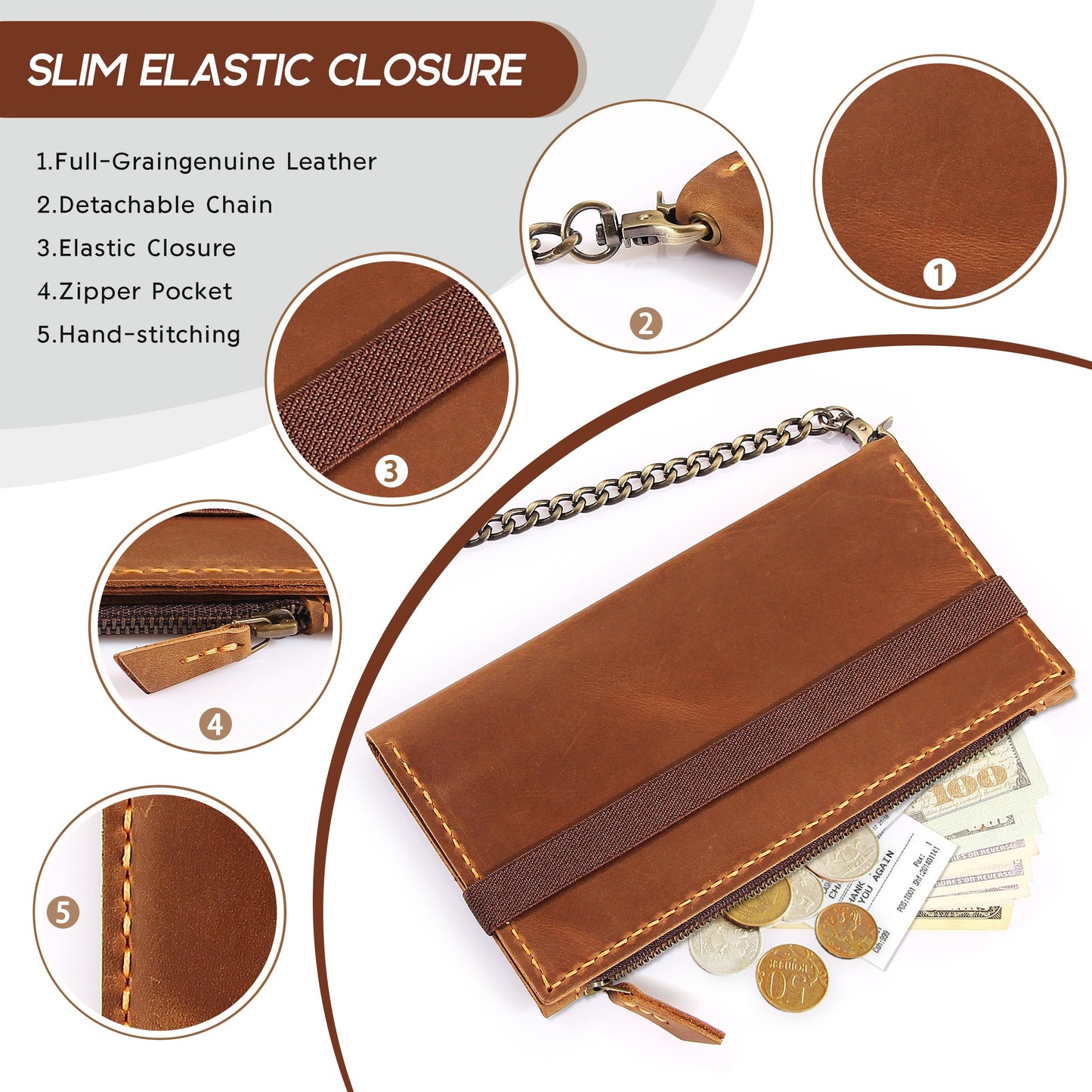 Robrasim Leather Wallet for Men and Women, Handmade Detachable Chain Wristlet Long Bifold Clutch with Large Capacity Zipper Coin Pocket (Brown, 7.87"x4.17")