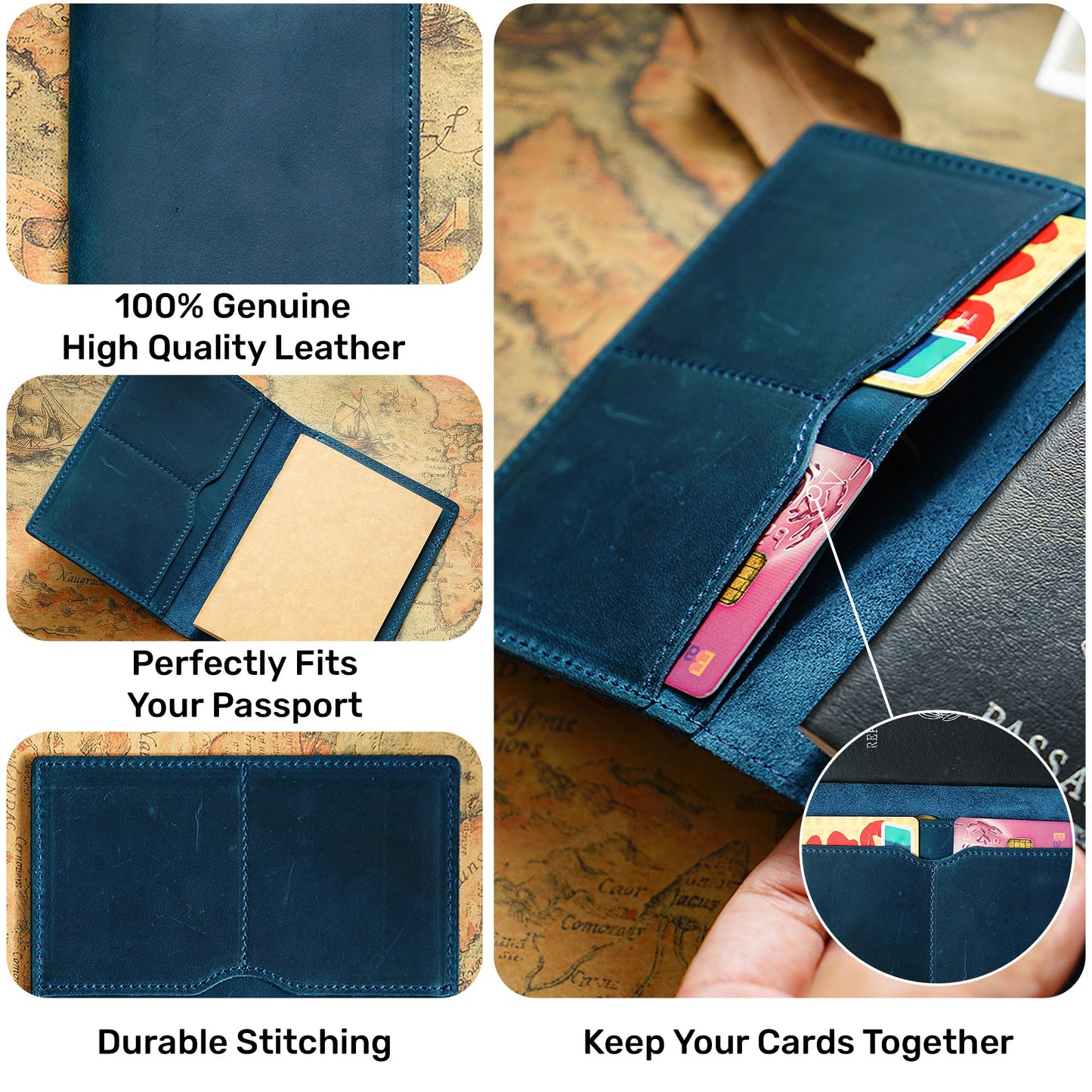 HIFA Leather Passport Holder, Handmade Passport Cover with Card and Ticket Slot - Genuine Leather, Elegant Design, Easy Access - Passport Case, Passport Wallet, Passport Holder