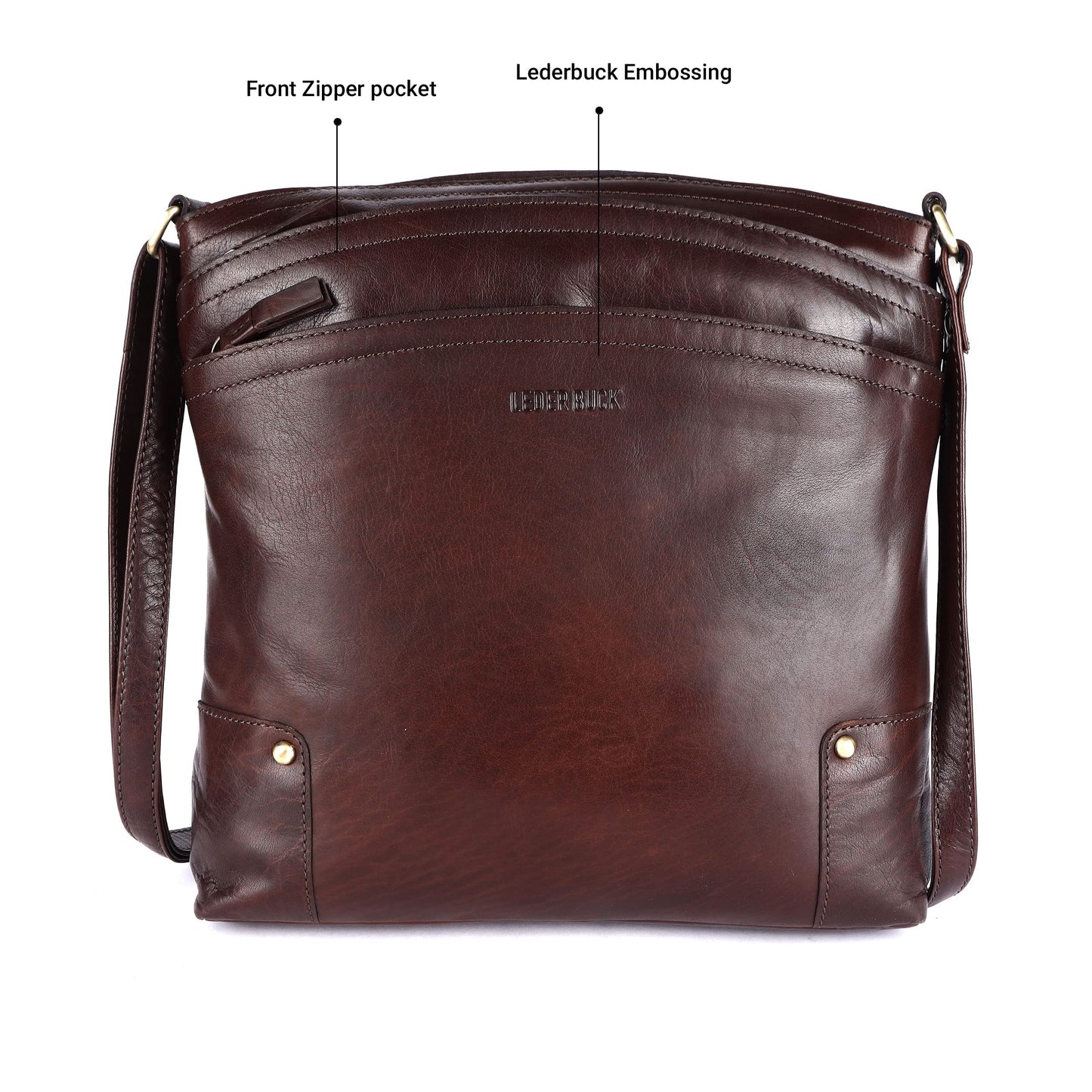 LEDERBUCK Terry Large Soft Real Leather Crossbody handbag-Triple Zip Premium Sling Crossover Shoulder Bag for Women (Brown)