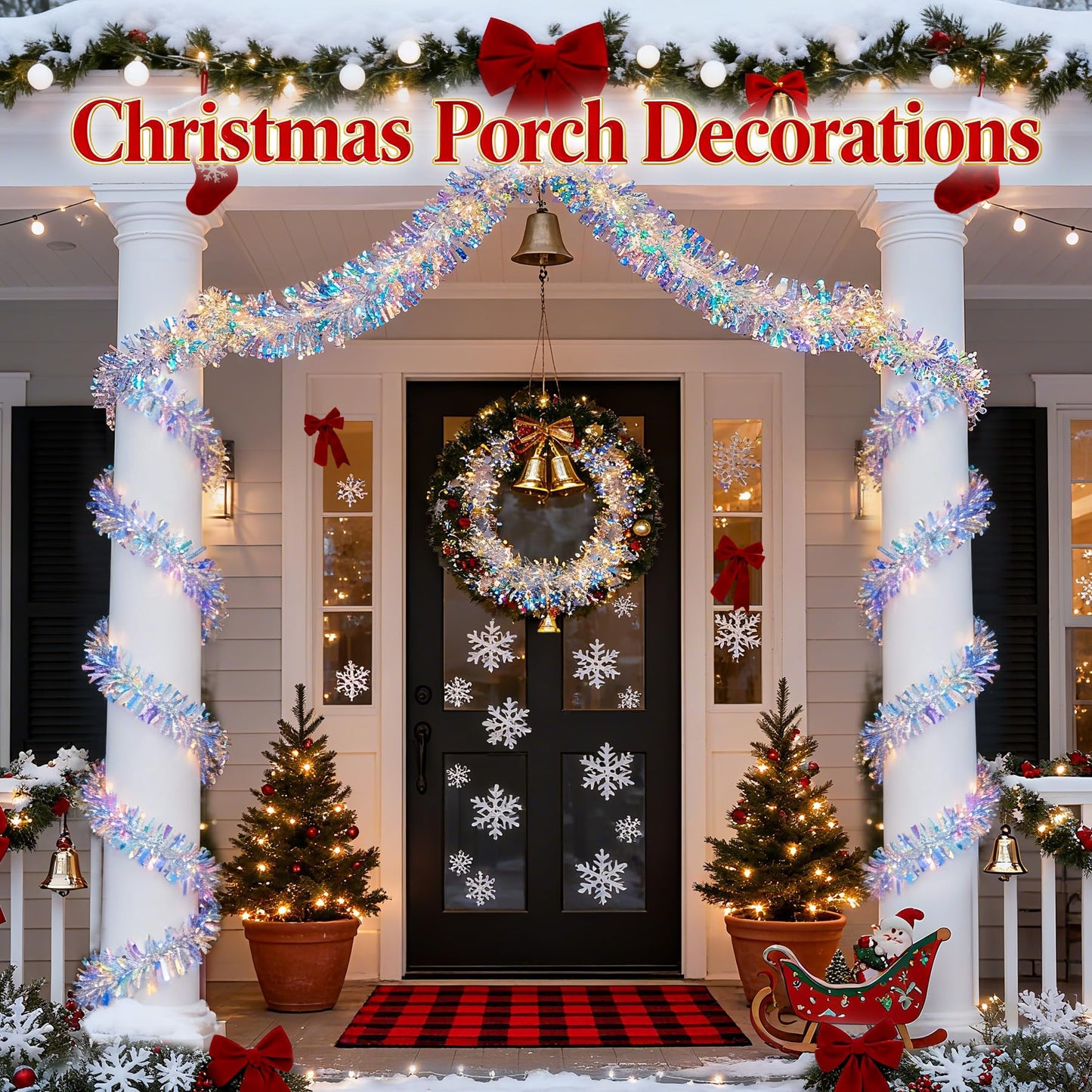 Christmas Garland with Lights, 6.5FT Iridescent Tinsel Garlands Battery Operated, Shiny Tinsel Foil Garland Indoor Hanging Home Decor, Garland for Wedding Birthday Holiday New Years Eve Party Supplies