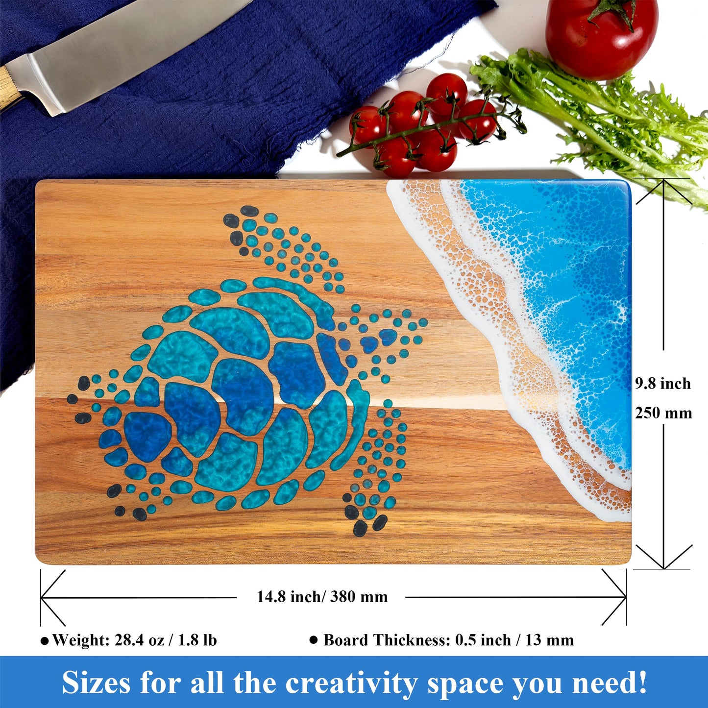 LILKUISYN Acacia Wood Cutting Board With Blue Resin Wave & Sea Turtle Epoxy Resin Ocean Pan for Kitchen Meal Prep Serving Tray Versatile Cheese & Charcuterie Board for Meat Vegetable Gift 15*10 inch