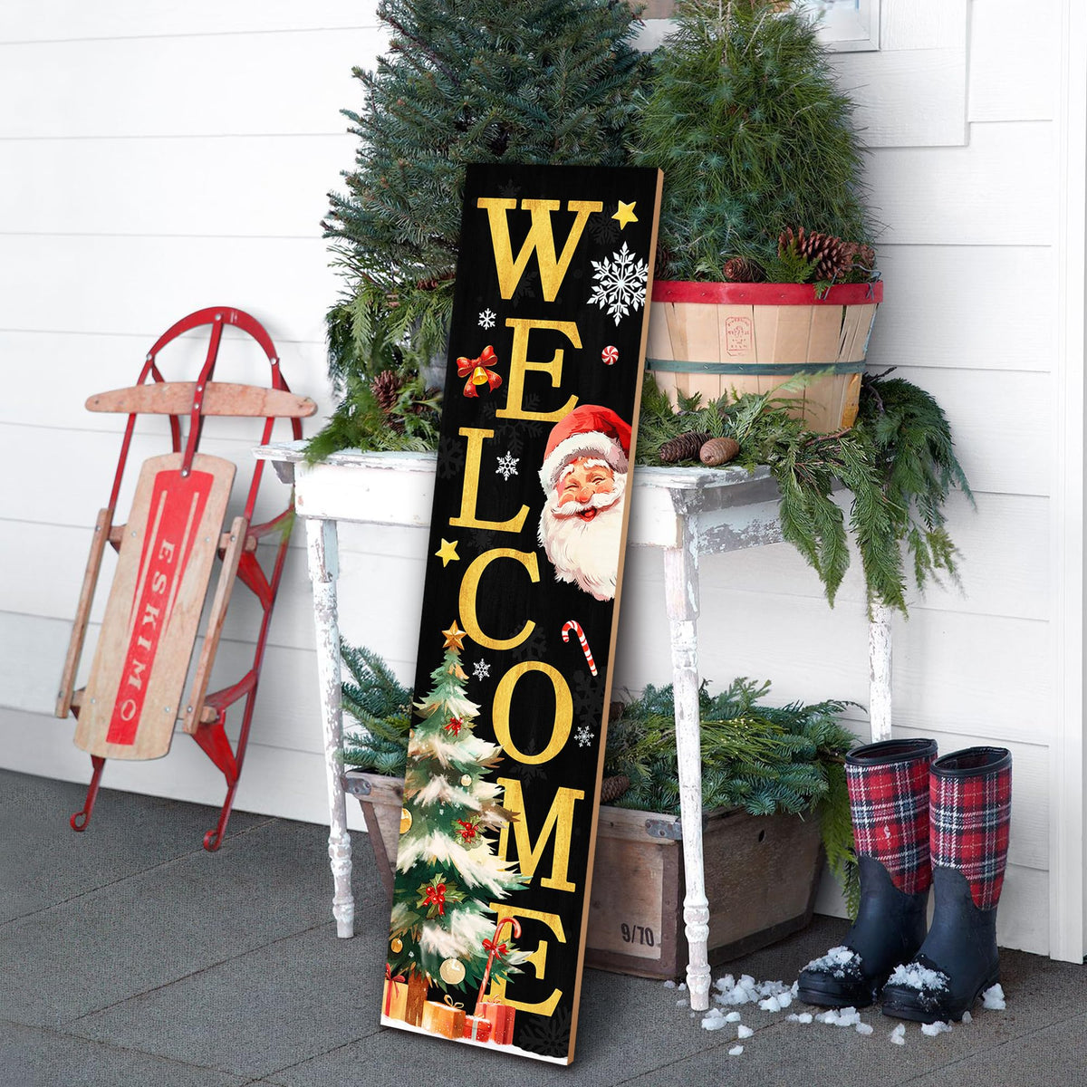 Christmas Wooden Porch Sign 31.5" Santa Welcome Porch Sign with Stars, Snowflakes, and Gift Accents for Home Front Door Yard Party Decor