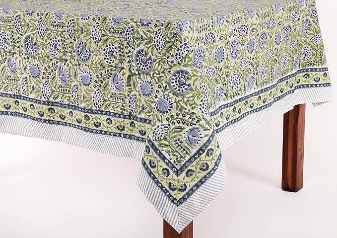 ATOSII Amara Green 100% Cotton Rectangle Fall Tablecloth, Handblock Floral Print Linen Table Cloth for Kitchen Dining I Parties, Weddings, Outdoors, Easter I Home Decor 60 X 90 Inches I 6 Seater
