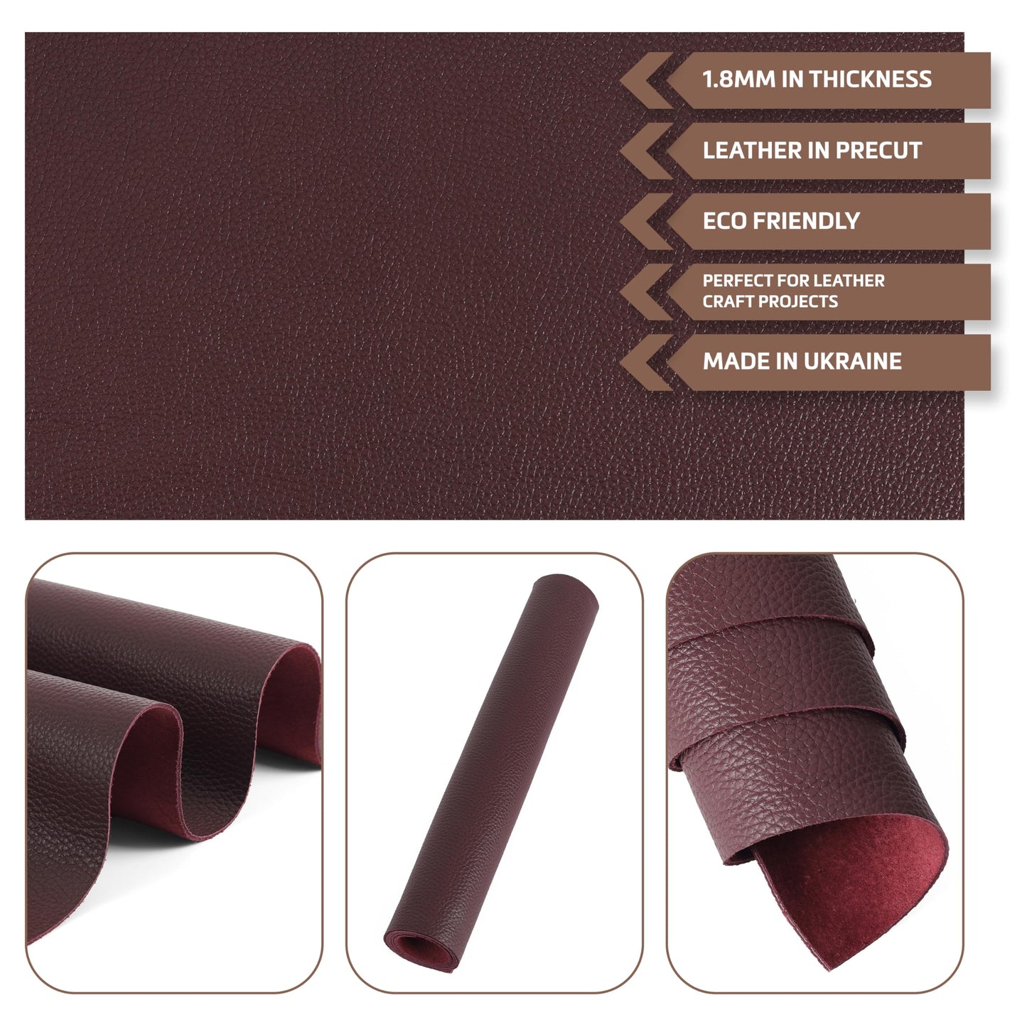 Shkira 24''X12'' Genuine Burgundy Brown Dotted Leather Sheets for Hobby Workshops - Tooling Square - 2.0MM Thick Genuine Top Full Grain Oil Tan - Thick Leather Pieces